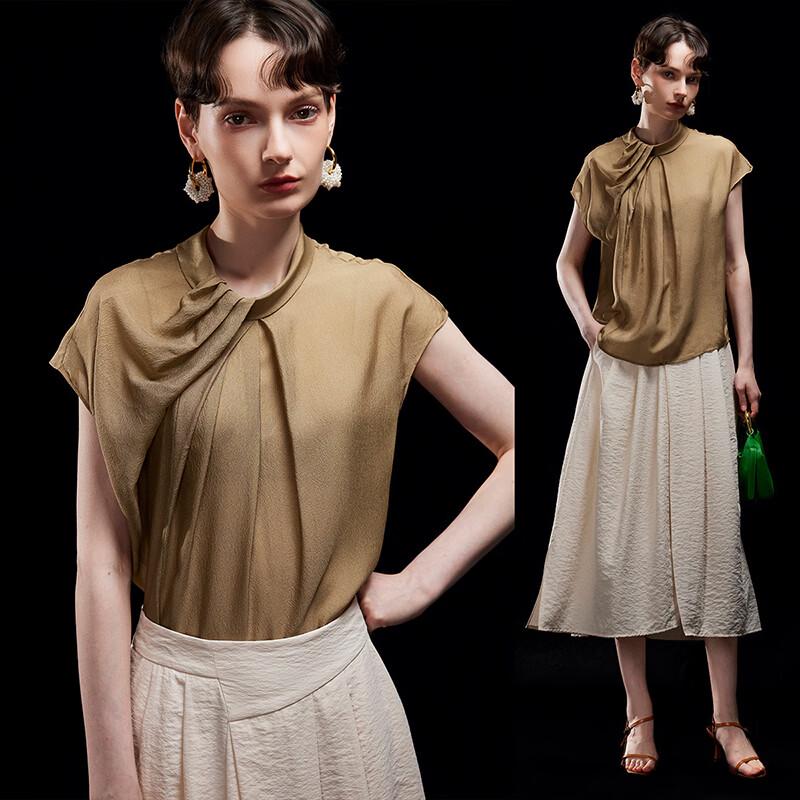 Women s Irregular Pleated Stand Collar Silk Shirt XL