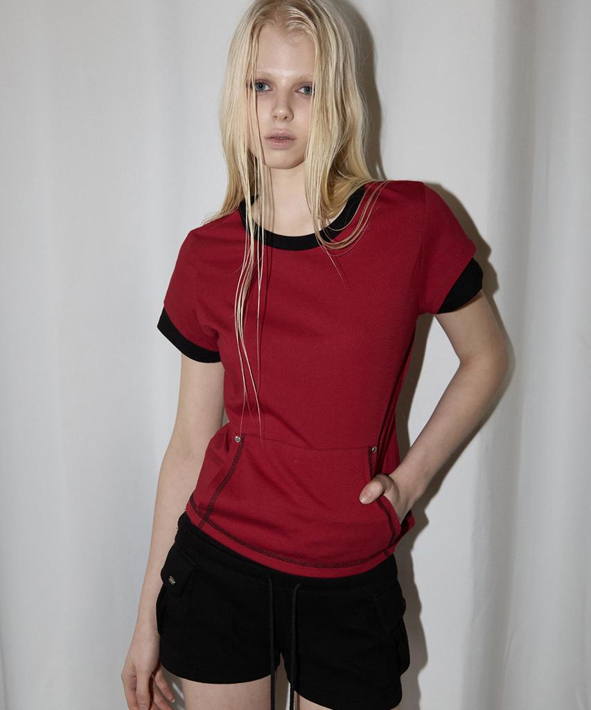 Lense Stitch Pocket Layered T-Shirt Red