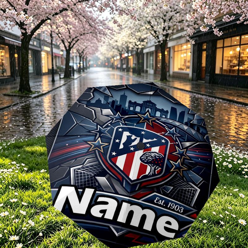 Custom Name Personalized Atletico Madrid Print Umbrella, Auto Open Close, 8‑Rib Sturdy Frame, Commute Camping Hiking Use, Birthday Gift