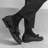 Men’s Rivet Loafers Dress Black Patent Leather Monks Shoes Men Slip on Pointed Toe Tuxedo Rock Club Shoes Plus Size