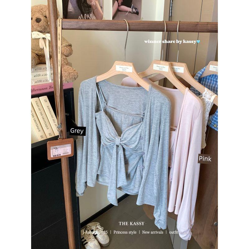 

Kumikumi Pure Desire Style Thin Long sleeve Knit cardigan Women clothes Autumn Inner wear Strap Tube Top Vest Two-piece Set Grey Two-piece set M