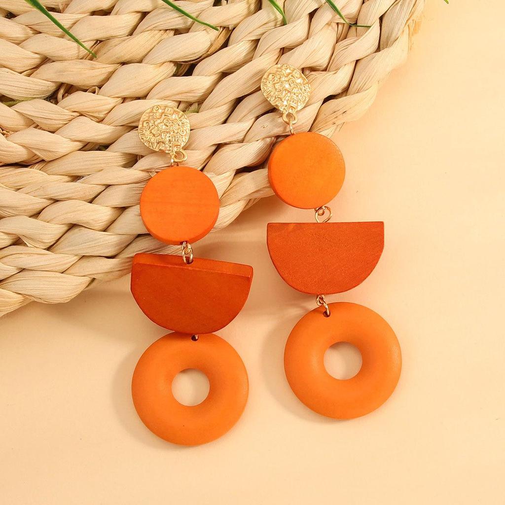 Geometric wooden earrings retro round color blocked earrings hollowed out wooden earrings wood art color blocked design