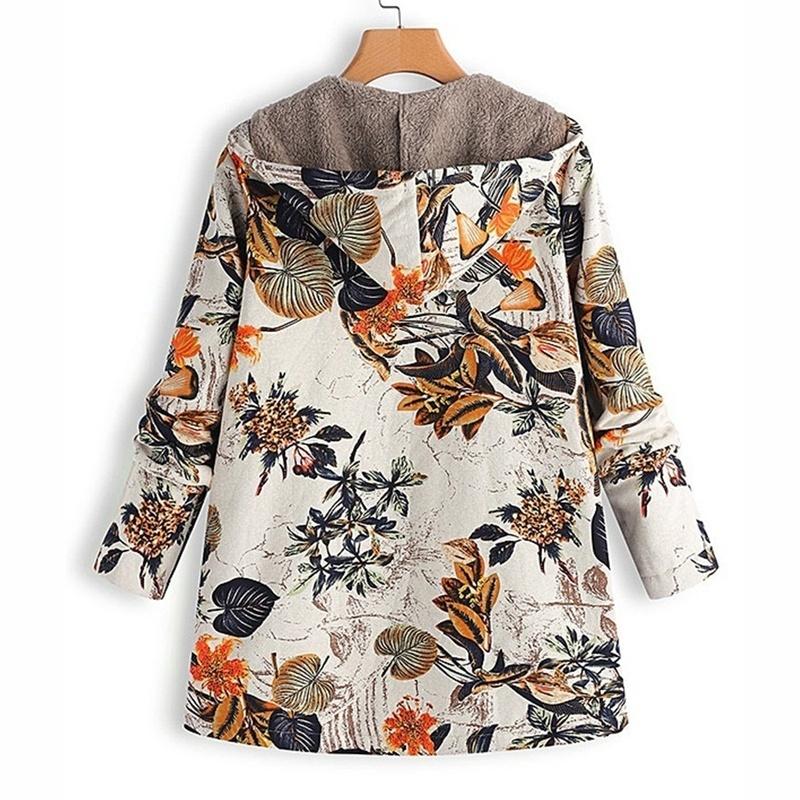 Winter Hood Casual Women Warm Pocket Hoodie Long Sleeve Zipper Vintage Coats Floral Fleece Jacket