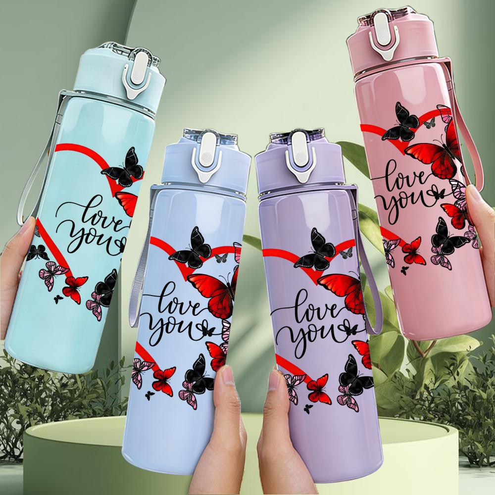 1PC Red Vine Butterfly Love Heart 750ml Color Plastic Sports Water Bottle Leakproof Flip Straw Lid Suitable for Sports Office Home Use