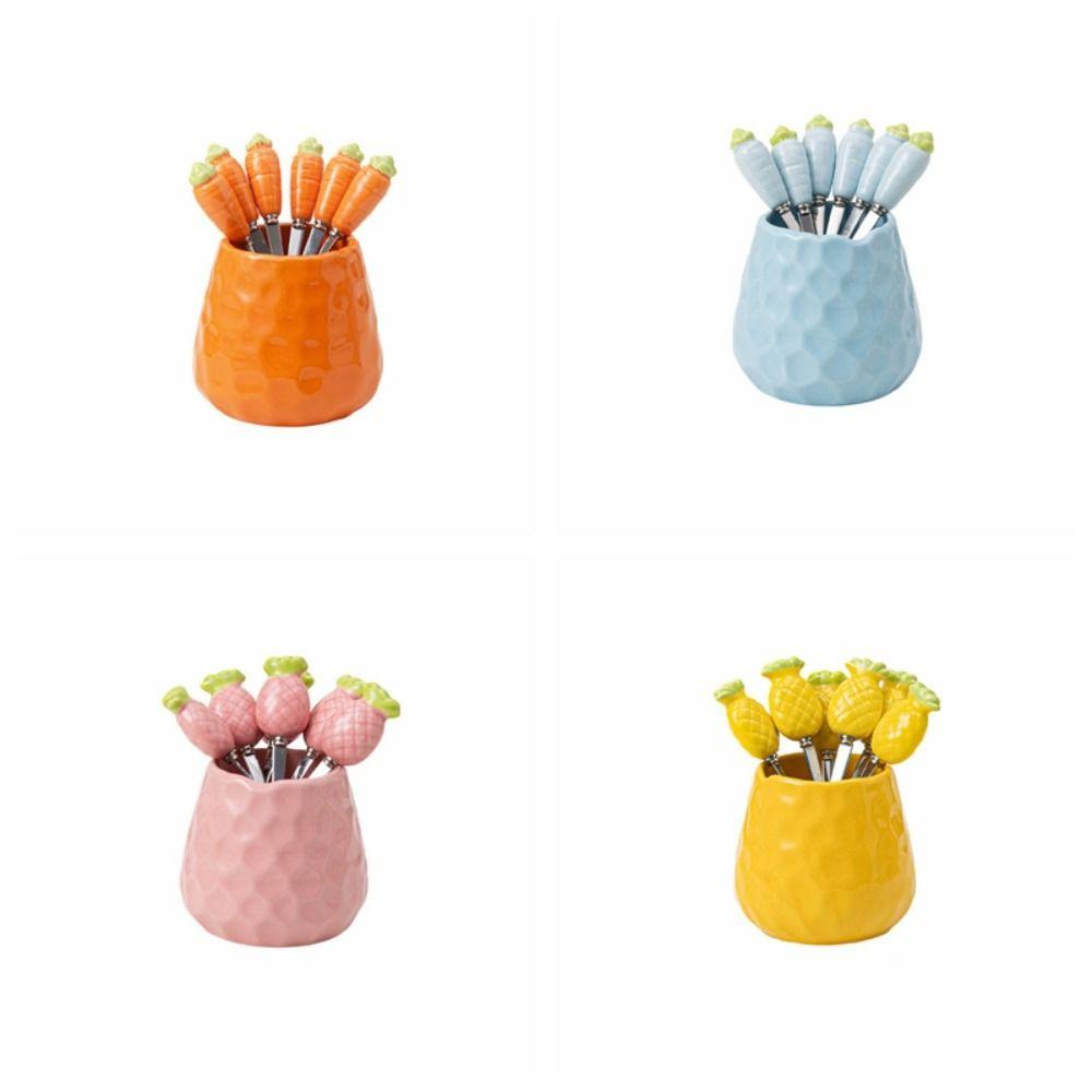 Pineapple Carrot Ceramic Fruit Forks Set Creative Ins Style Ceramic Fruit Forks Receipt Jar Home Decoration Household