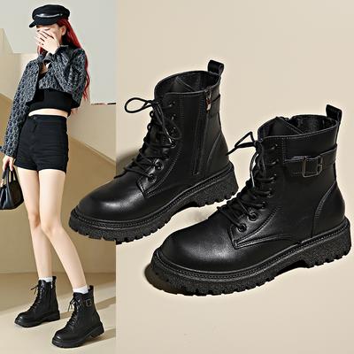 Modische, minimalistische Kampfstiefel für Damen mit Schnürung, 4,5 cm Plateaustiefel mit klobigem Absatz, britischer Stil, dicke Sohle, größere Höhe, lässig