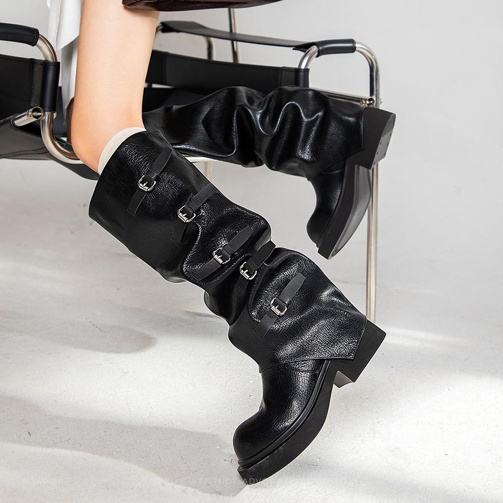 Punk Wasteland~ Tall Knight Boots Long Boots 2025 Autumn and Winter New Retro Pile Boots Fleece Pants Tube Boots Women