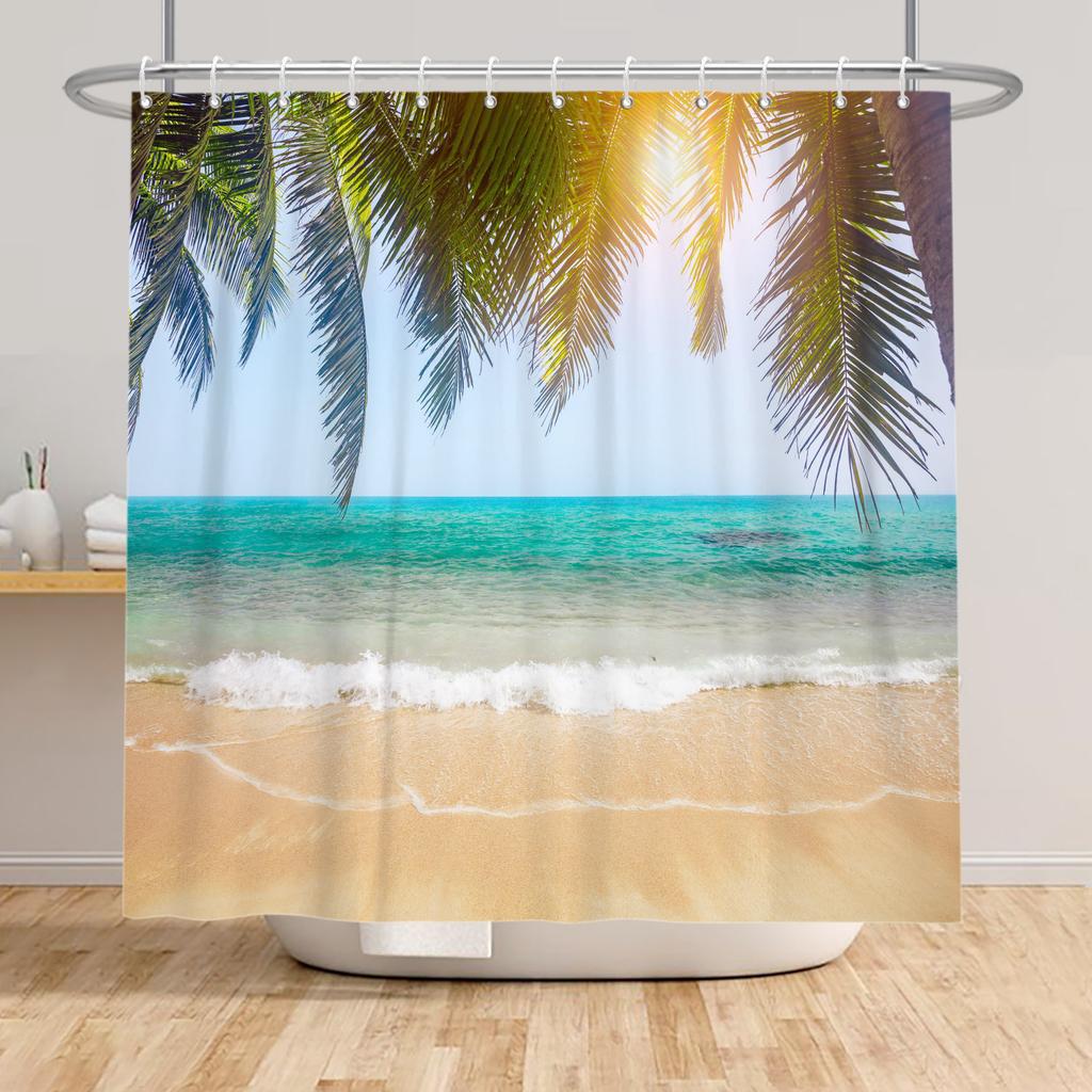 Tropical Starfish Shower Curtain with Hooks Waterproof Polyester Bathroom Curtain Ocean Beach Design Easy Clean Bathtub Curtains