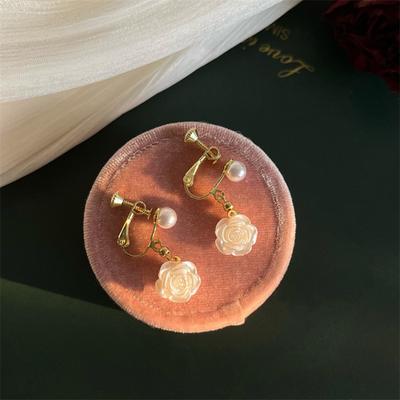 Yousheng 1 Pair Women Earrings Camellia Shape Faux Pearl Design Show Unique Charm Alloy Mini Flower Style Elegant All-Match Drop Earrings for Dating