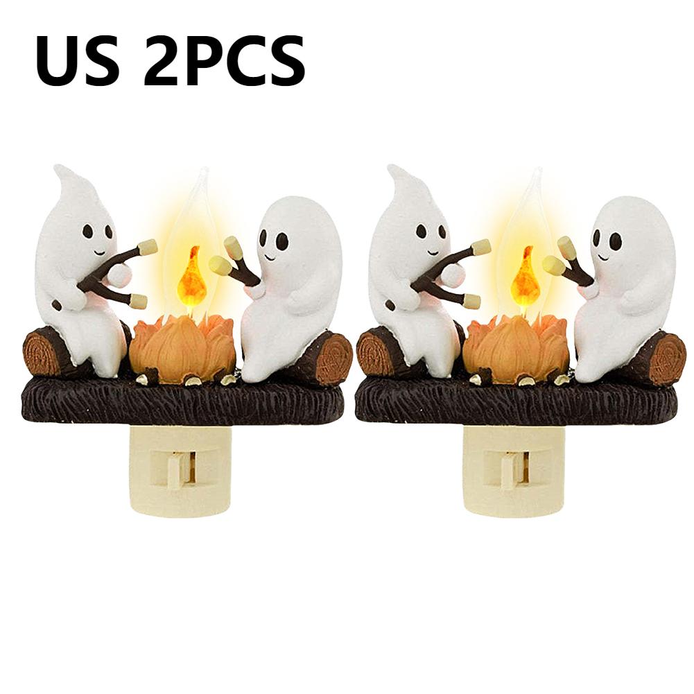 2025 Ghost Campfire Flickering Nightlight 2 Ghosts Roasting Plug Wall Spooky Fire Marshmallow Night Light for Halloween Decor