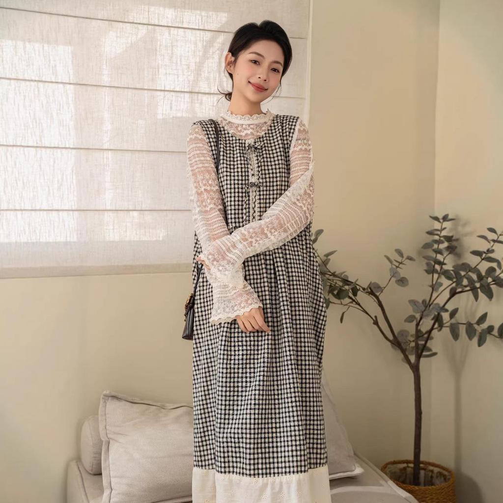 Sweet Lace Plaid Vest Dress: Forest Style, Age-Reducing, Sleeveless & Versatile for Spring/Summer
