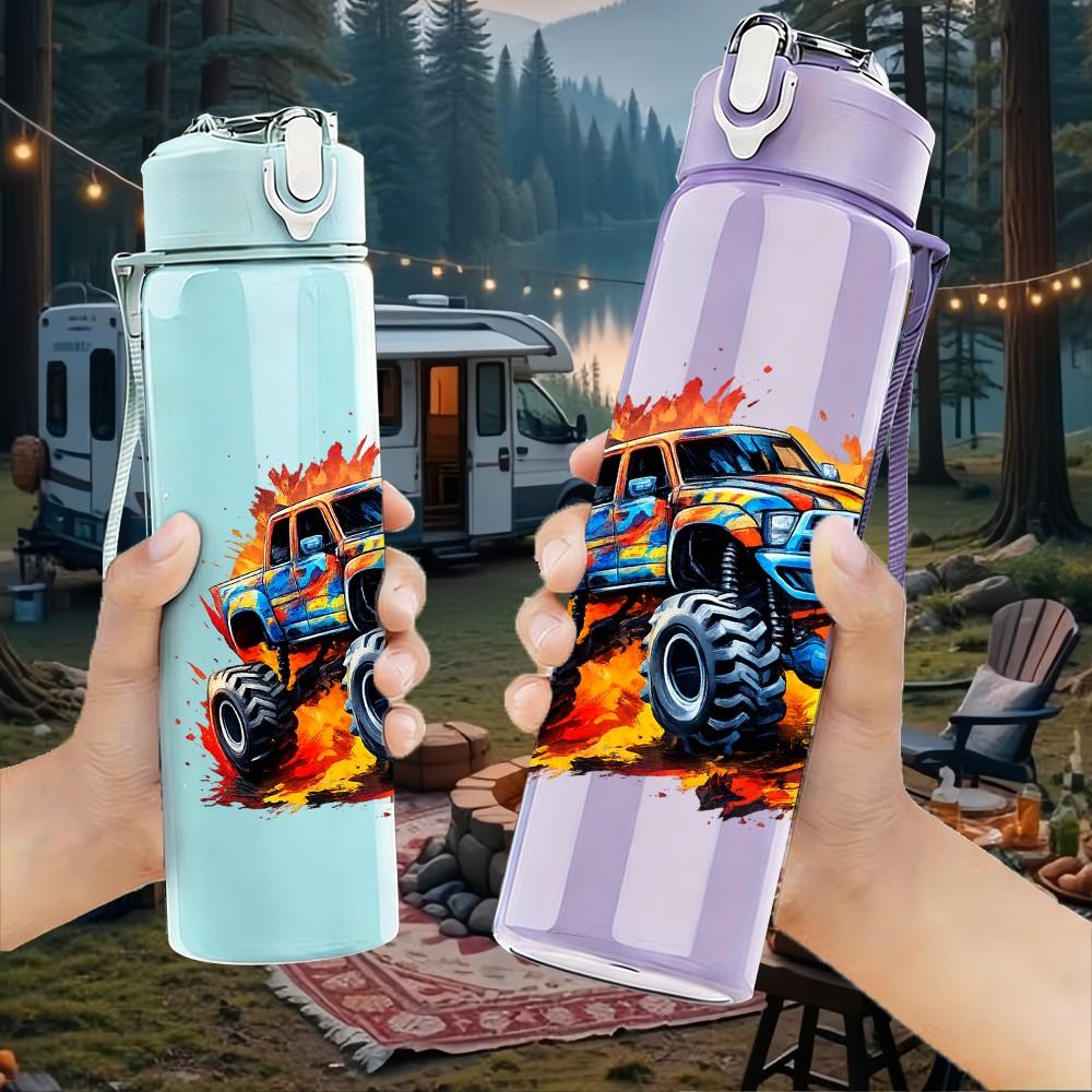 1PC Monster Truck Off Road Vehicle Print 750ml Color Plastic Sports Water Bottle Leakproof Flip Straw Lid Suitable for Sports Office Home Use