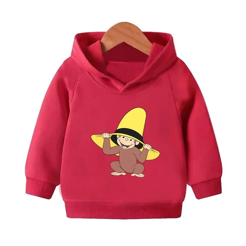 Curious George Cute Monkey Print Funny Kids Hooded Hoodies Girls Clothes Children Sweatshirts Autumn Baby Pullover Tops
