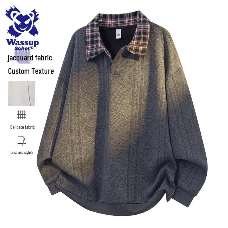 Wassup Sohot Men's American Style Color-block Lapel Fake Two-Piece Polo Sweatshirt