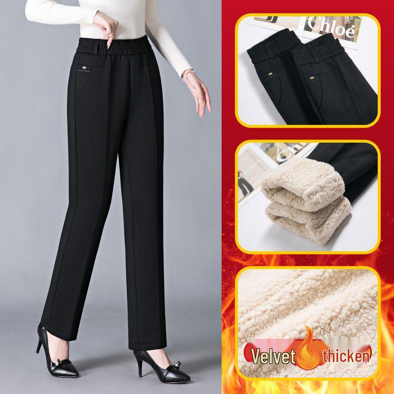 Pantalones de Invierno de Lana de Cordero con Forro Polar de Cintura Alta para Mujer - Engrosados, Algodón, Otoño 2025