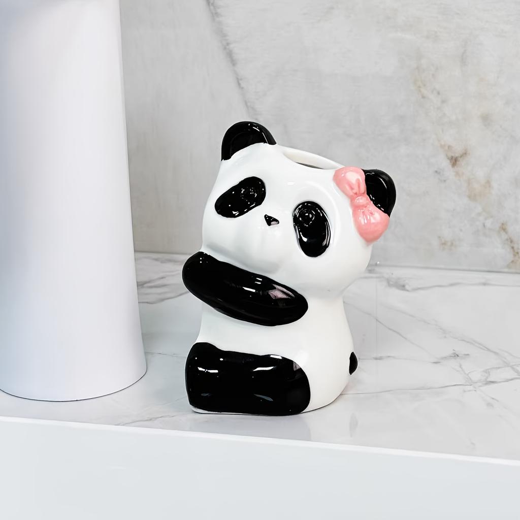 2 Cute Panda Toilet Toothbrush Holder, High Temperature Fired Ceramic Ultra Smooth ,No Drill Manual Toothbrush Stand Storage Rack for Couples