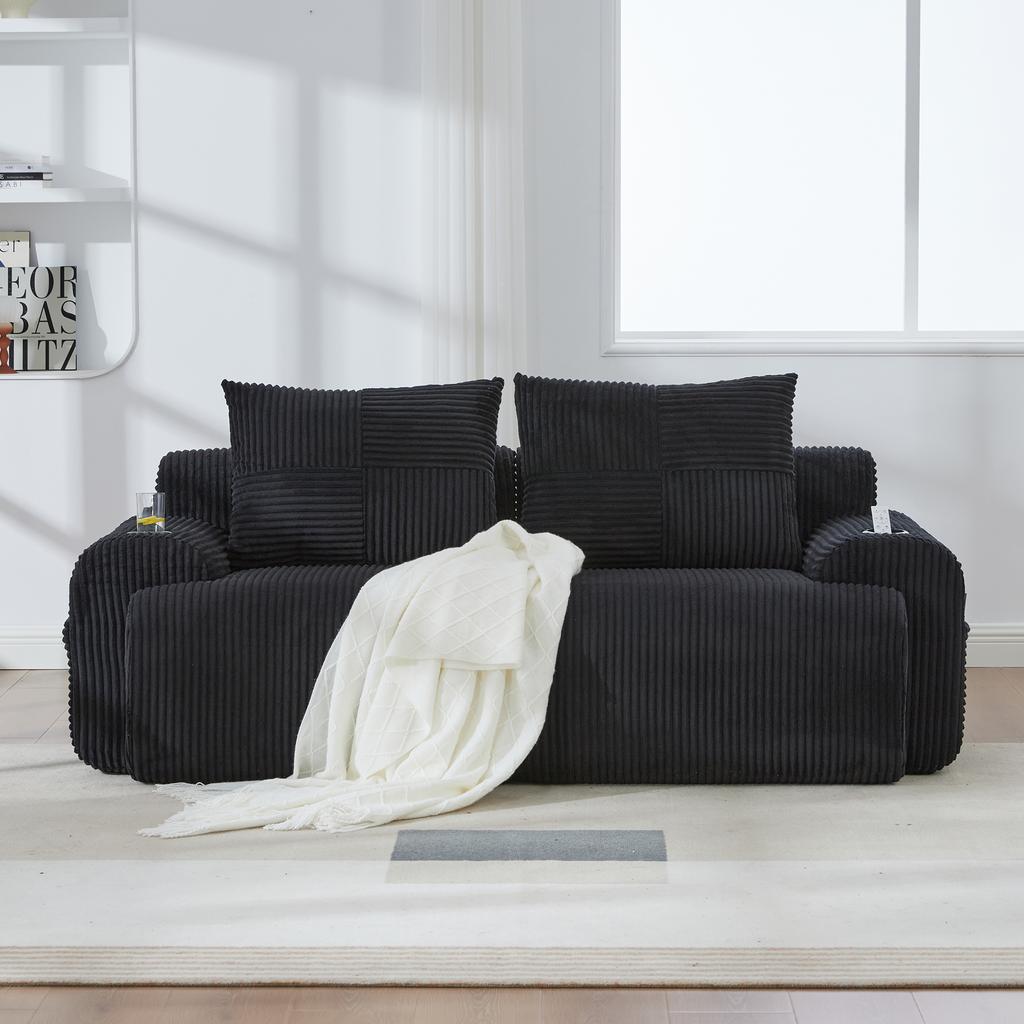 Modular Corduroy Sofa for 2 People, Vacuum-Packed, Includes Cup Holder and Side Storage Pocket. Ideal for Living Room and Family Room. Black