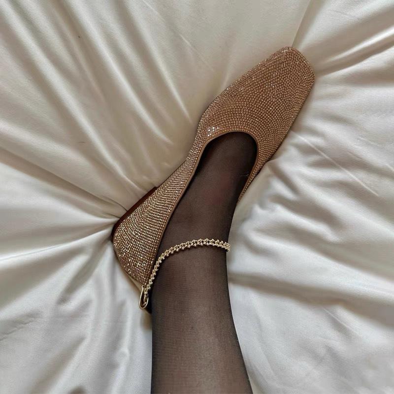 

Spring new metal chain shallow mouth low heel flat bottom versatile rhinestone ballet shoes square head single shoes 40 серебряный