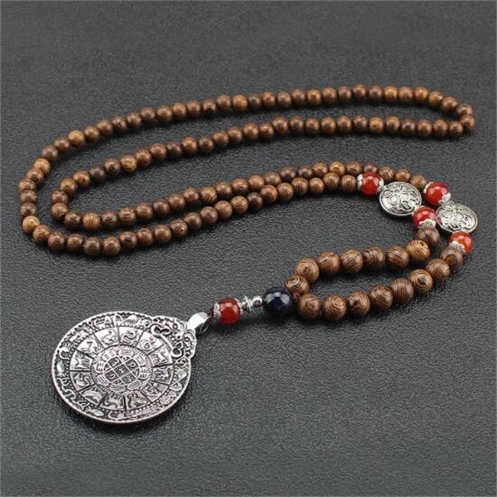 Vintage Ethnic Jewelry Party Lucky Gift Buddhist Horn Fish Pendant Mala Wood Bead Nepal Necklace