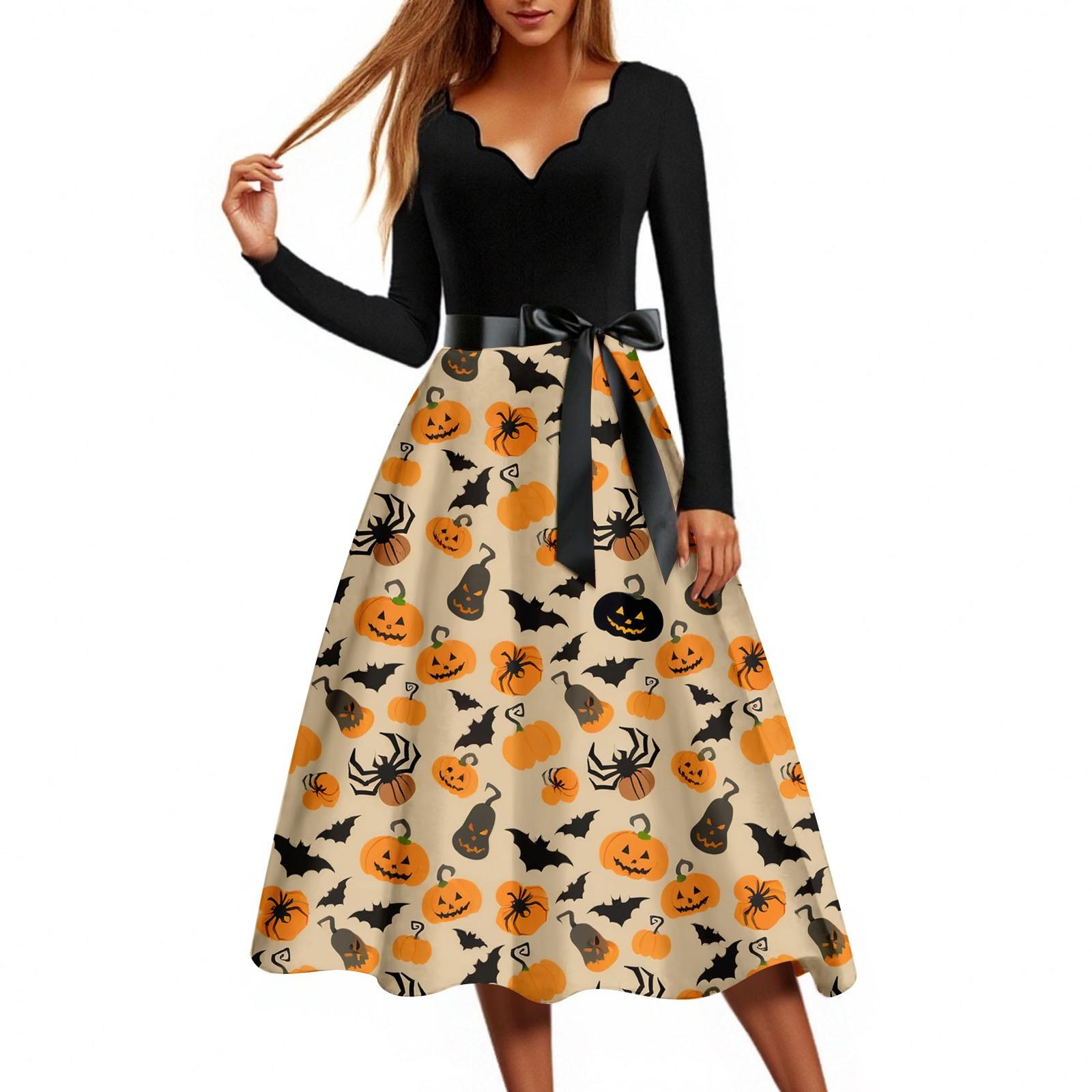 

Женское повседневное модное платье винтажного стиля с принтом на Хэллоуин и V-образным вырезом XL
