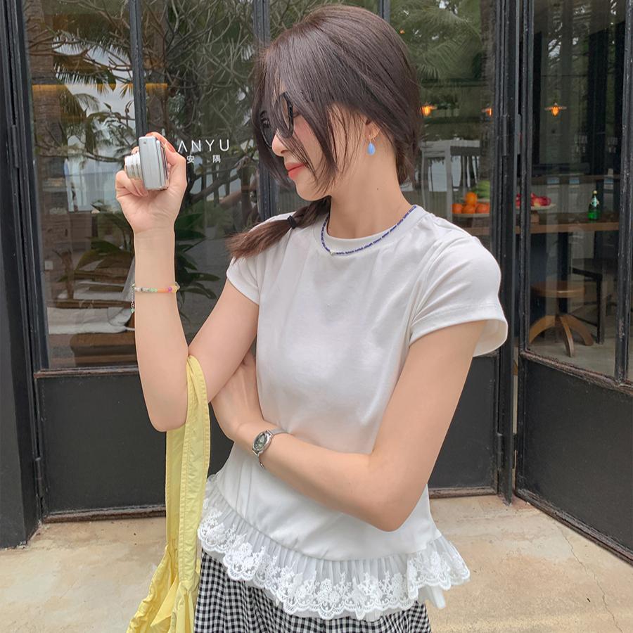 Summer pure cotton Lace splicing t shirt for Women solid O-neck short sleeve T-shirts Lotus leaf Slim Elastic Skinny white Tops
