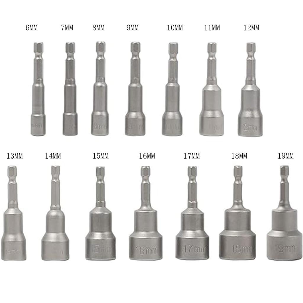 Set of 14 Socket Bits for Impact Socket Hex Socket Bits Drivers, Adapter, 6-19mm, 6.35mm Adapter, Shank,