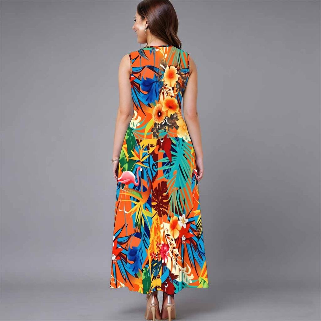 Women Plus Size Sleeveless Round Neck Dress Bright Tropical Flamingo Printed Loose Maxi Gown