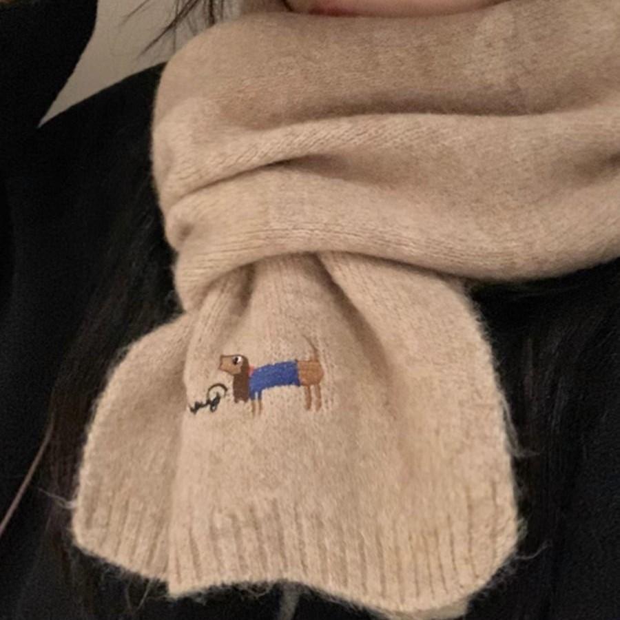 Korean Version with Wool Scarf for Women Winter New Versatile Solid Color Ins Scarf Beige Student Advanced Puppy Embroidery