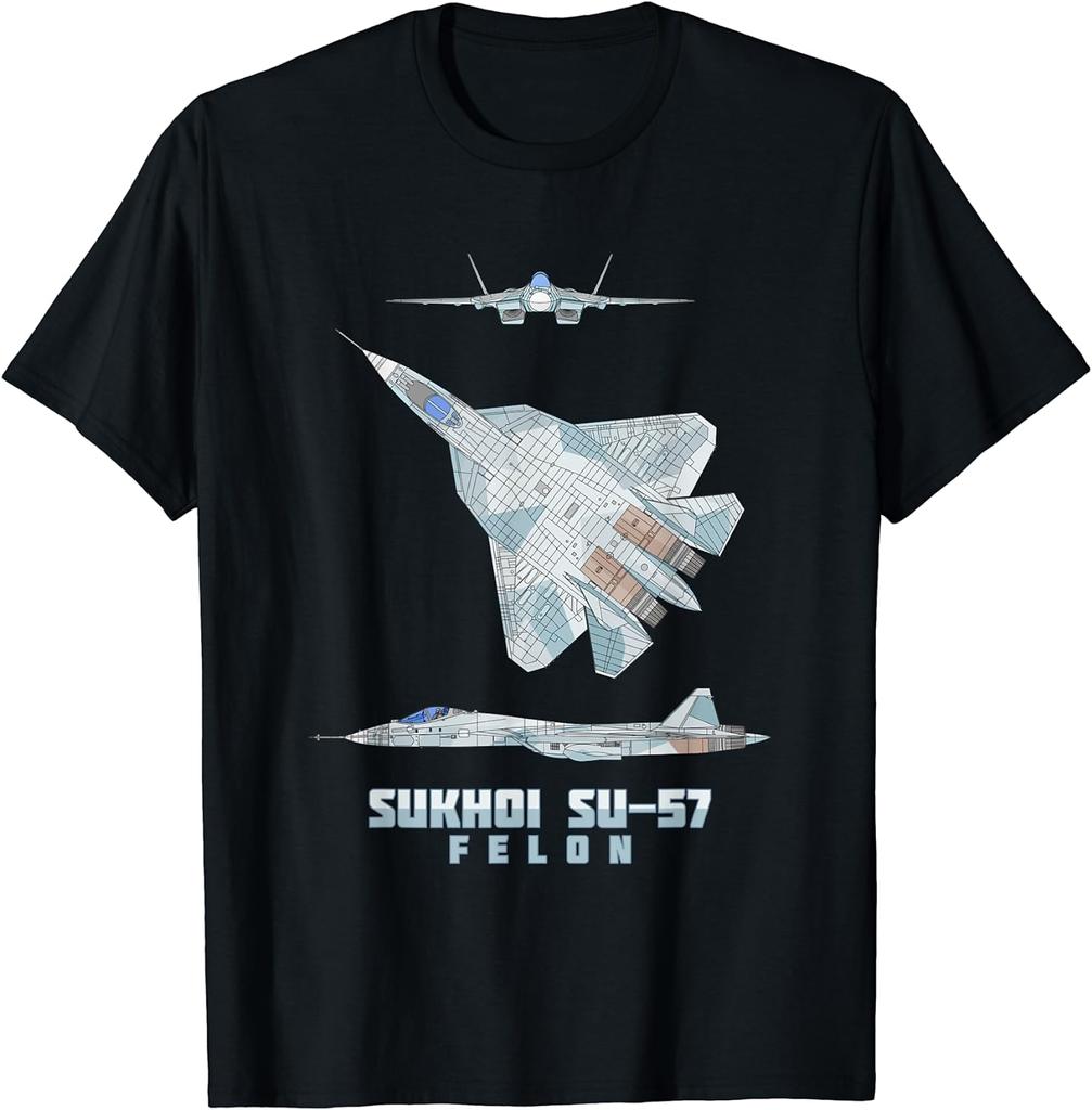 Russian Stealth Fighter Jets Su-57 Schematic Diagram T-Shirt Short Sleeve Casual Cotton O-Neck Summer T Shirts