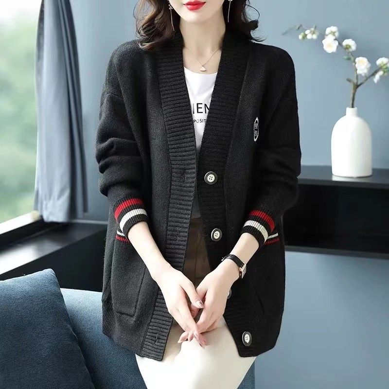 

Sweater Outwear Female Cardigan Loose Fall and Winter New Arrival K-style Color Block Button V-neck Outerwear Fashionable Long Sleeve Black Gray 5XL [Recommended 90-100kg]