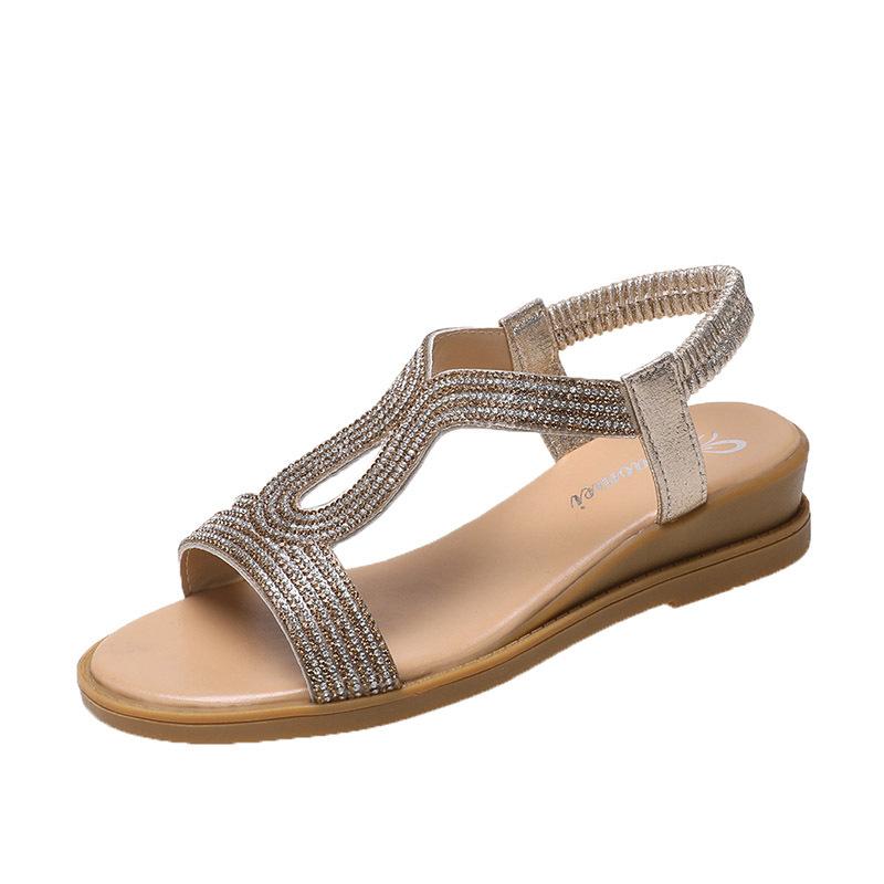 New Indoor and Outdoor Women's Korean Flat Sandals - Rhinestone Decoration Student Casual Beach Medium Heel Shoes