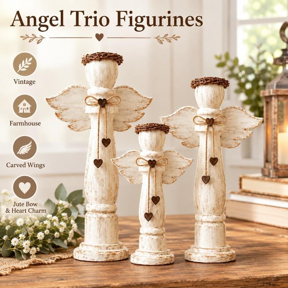 3Pcs Farmhouse Angel Trio Figurines Vintage Tabletop Ornament Shelf Decor  Living Room