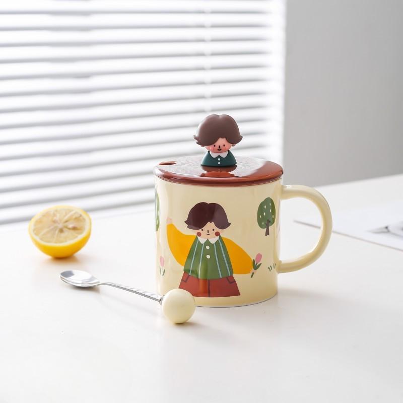 Milk Fufu Cartoon Cute Cup Girls Ceramic Mug Couple Water Cup Home Office Breakfast Cup with Lid Spoon