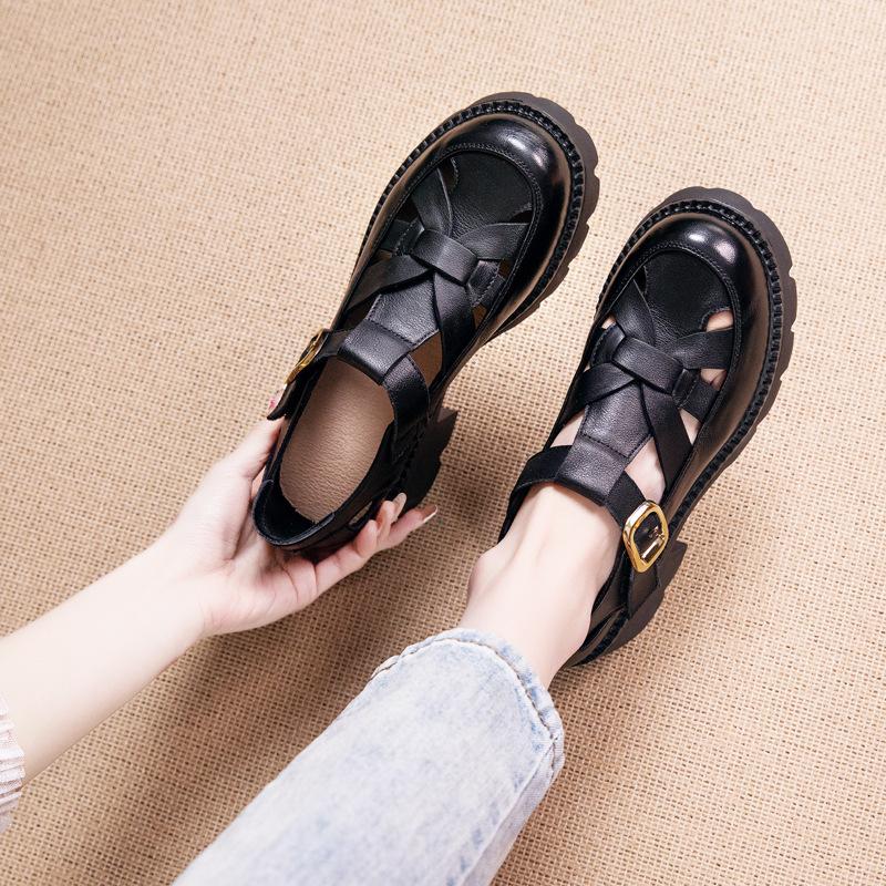The First Layer of Cowhide Loafers Women's Summer 2025 New Leather Casual Brock Roman Platform Sandals Women's Shoes