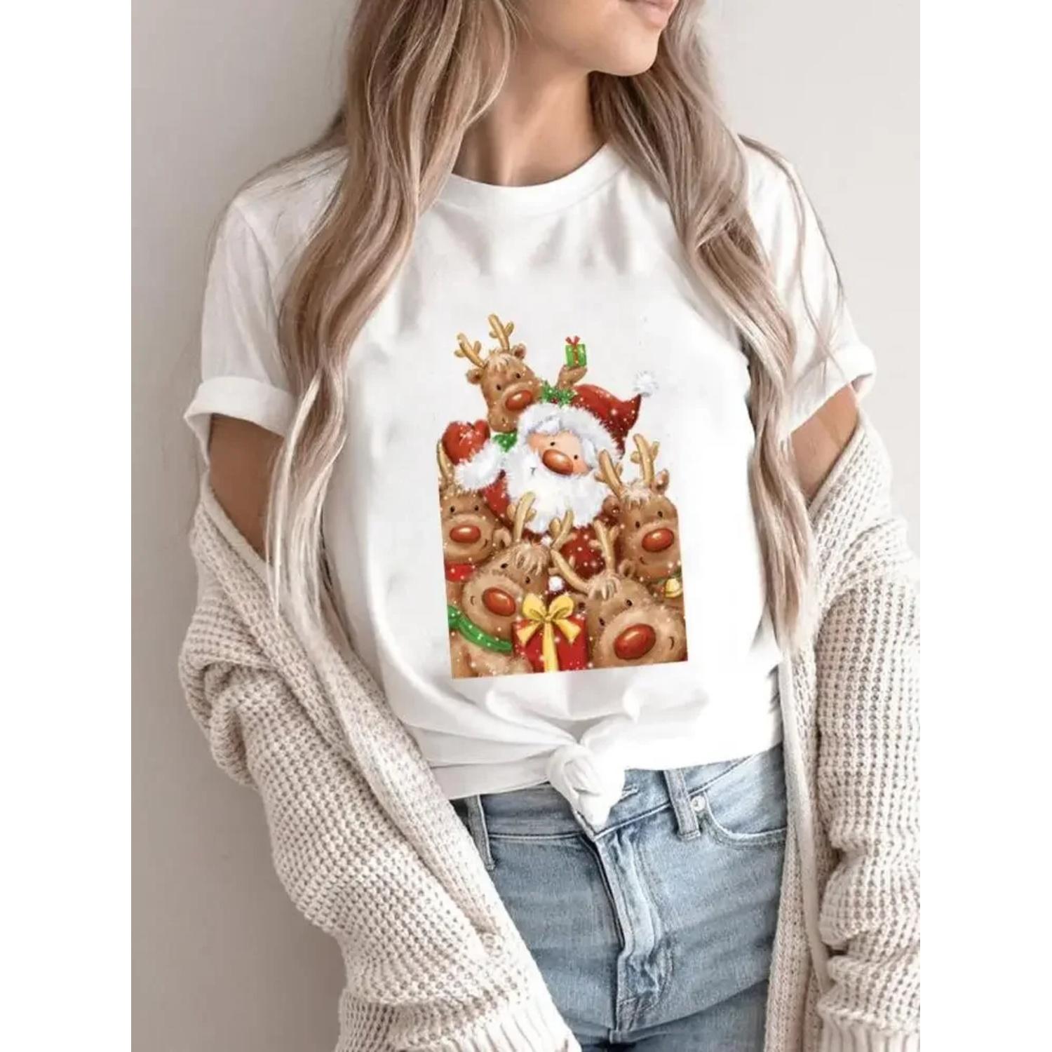 

Merry Christmas Women Holiday Shirt Clothing Print T Top Santa Claus Happy Time Graphic Tee Fashion Female New Year T-shirts XXXXXL білий