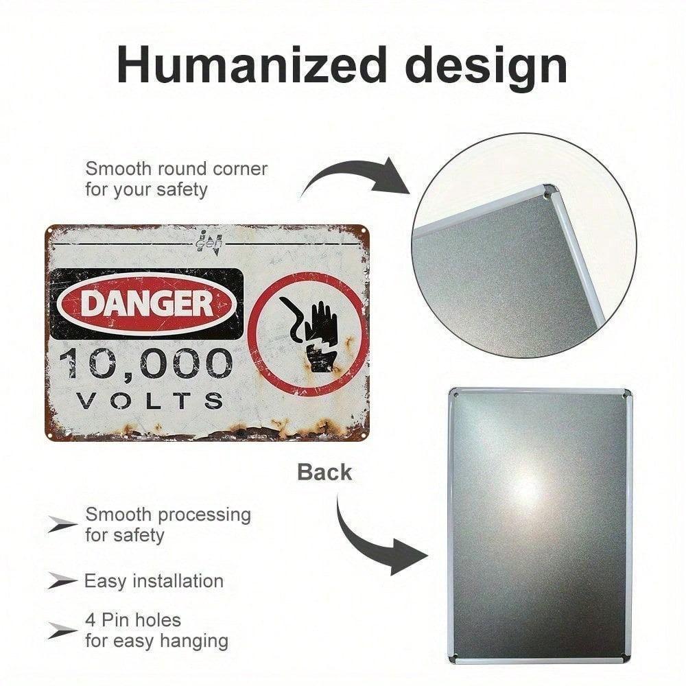 Vintage Danger 10000 Volts Metal Sign 8x12 Inch, Retro 2D Flat Iron Wall Plaque, High Voltage Warning Decor for Office Yard