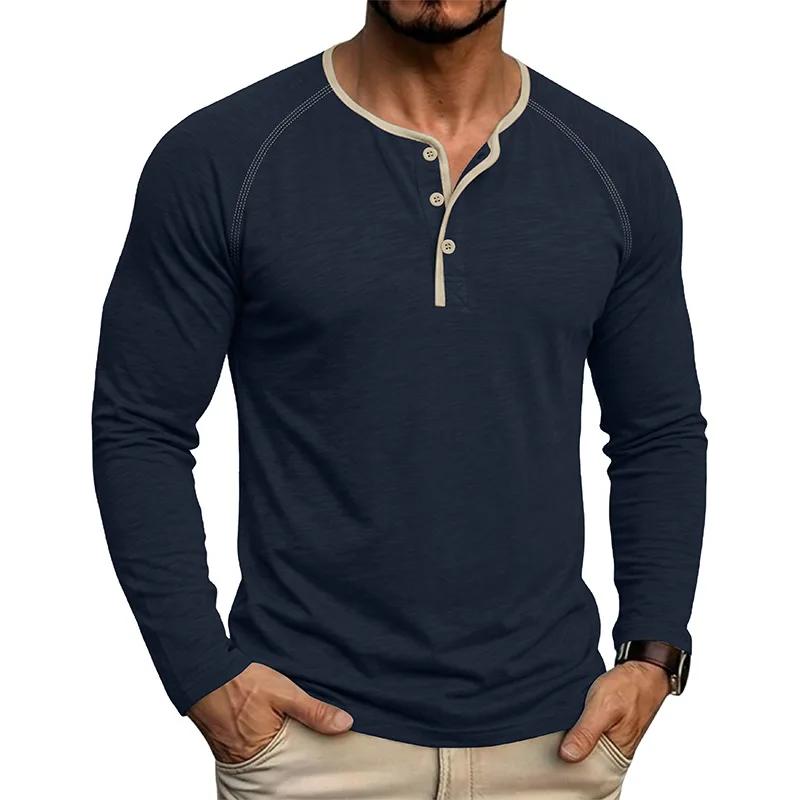 Spring Autumn Men's Cotton Henry Collar T-Shirts American Style Fashion Smart Casual Tees Tops Men Patchwork Breathable Tshirt