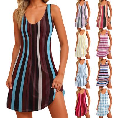 Women's Stripe Printed V-Neck Sleeveless Tank Dress With Pockets, Casual Mature Outdoor Daily Date V-Neck Dress