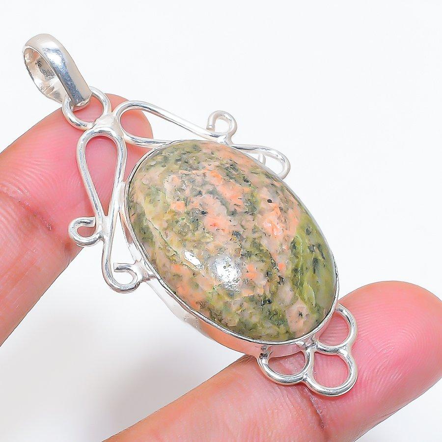 Natural Unakite Gemstone Handmade 925 Sterling Silver Jewelry Pendant 2.48" ZS-678