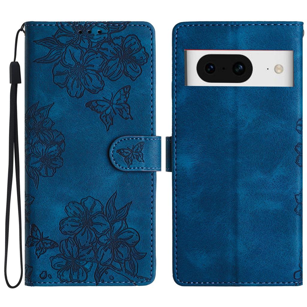 For Google Pixel 8 Case PU Leather Wallet Phone Cover Imprinted Butterfly Flowers Wrist Strap