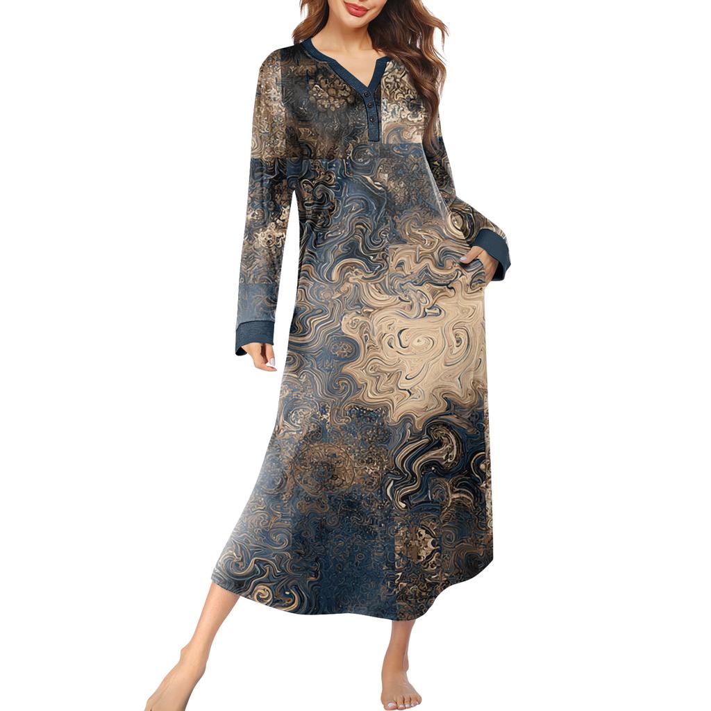 Dámská noční košile dlouhá společenská V-výstřih noční košile s kapsami