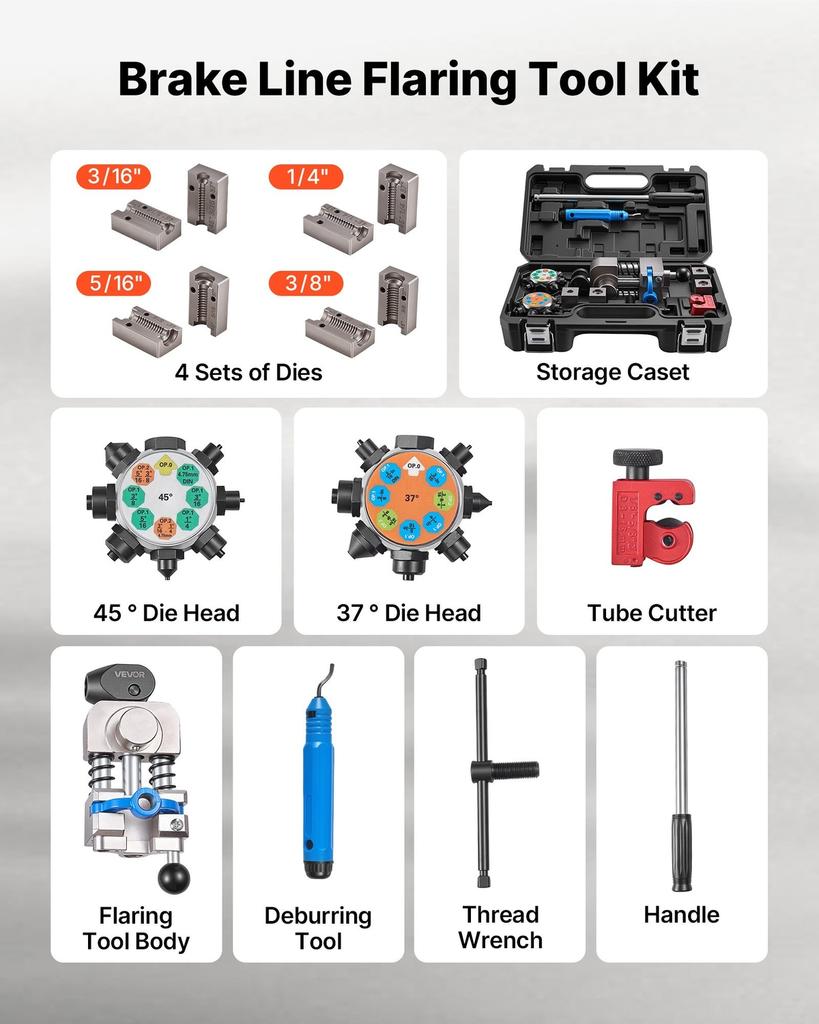 Professional Brake Line Flaring Tool, 45 & 37 Degree Double Flare Bubble Flare Tool Kit for 4.76mm, 6.35mm, 7.94mm, 9.52mm Copper Aluminum Thin Steel