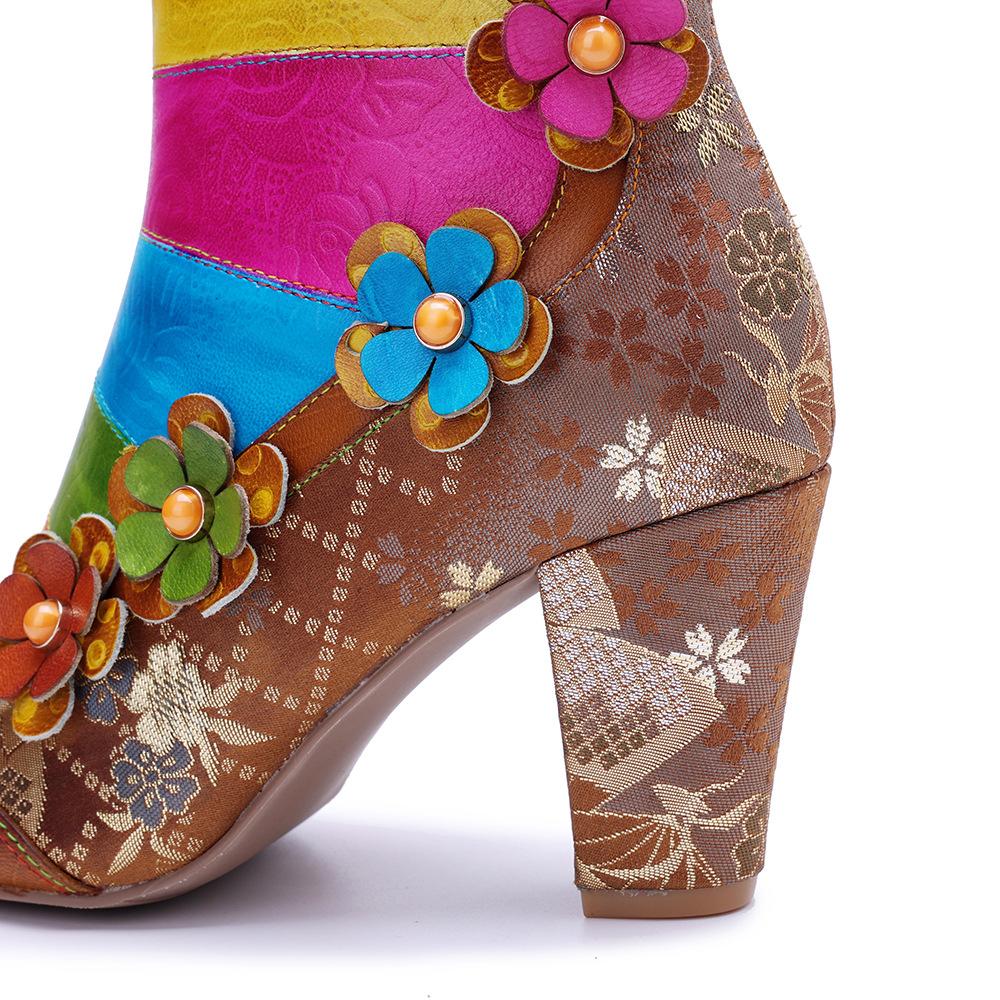Johnature Genuine Leather Printed Short Boots Fashion Mixed Colors Flower Side Zipper Women's High Heels