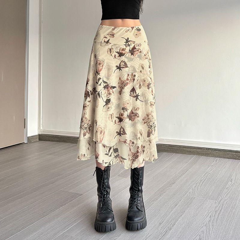 Damenmode Bedruckter Milchseidenrock Niedrige Taille Schlankmachend Heißes Mädchen Mittellang
