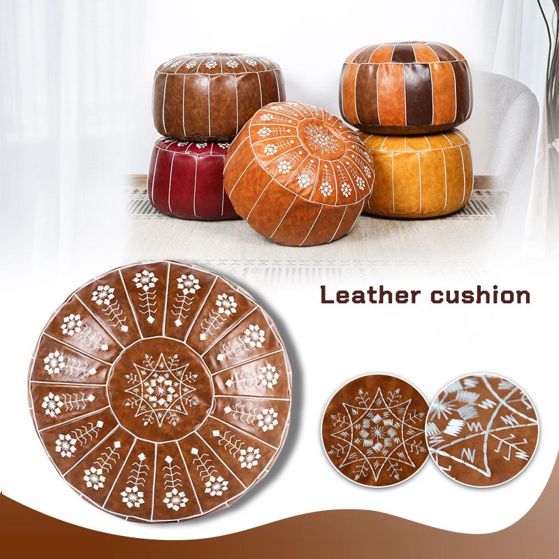 Nordic Style Moroccan Artificial Leather Pouf Craft Mandala Embroidery Ottoman Cover Footstool Round Unstuffed Cushion Cover