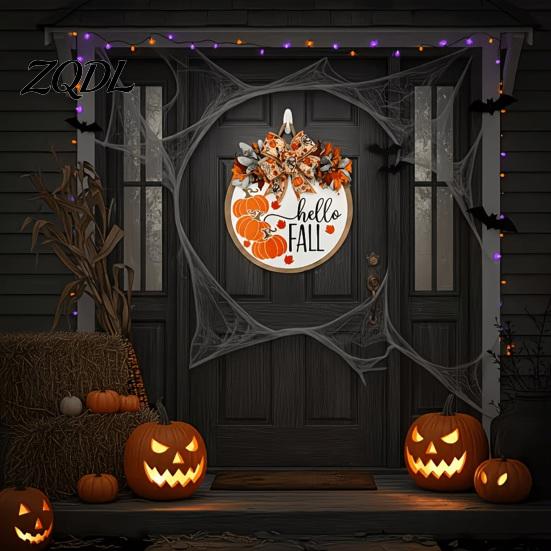Harvest Festival Decor Hello Fall Door Hanger, Wooden Pumpkin Welcome Sign with Bow, Solid Wood Home Rustic Autumn Wreath for Thanksgiving Front Porch