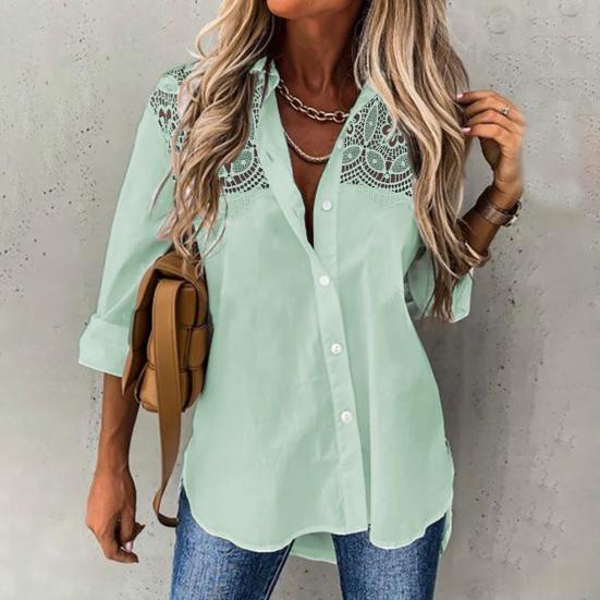 Revers Langarm Knöpfe Leiste Damen Hemd Häkeln Blumenspitze Stich Hemd Top