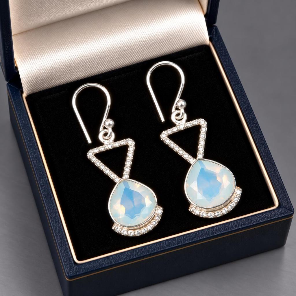 Milky Opal Gemstone 925 Sterling Silver Handmade Partywear Dangle Earrings 1.62" Jewelry For Women EE-93-15
