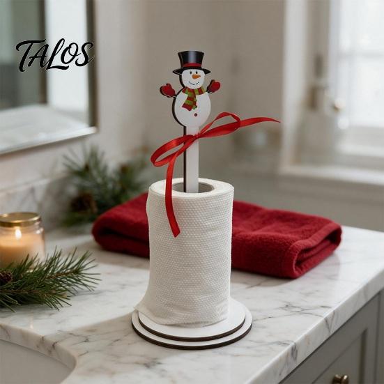 Holiday Kitchen Decor Christmas Wooden Paper Towel Holder, 2D Roll Dispenser with Snowman Countertop Organizer Santa Patterns, Decorative Tissue Stand
