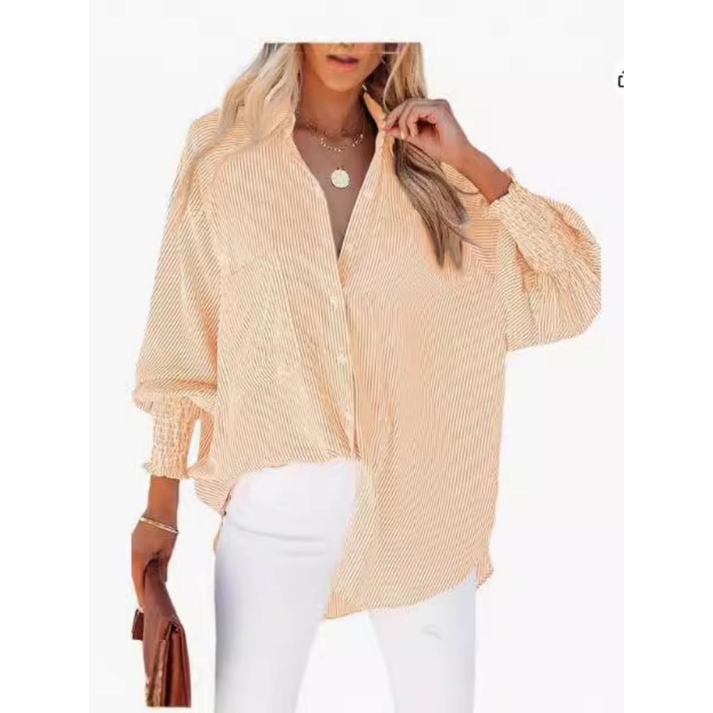 Pocket Shirts Striped Long Sleeved Loose Casual Women's Blouses & Shirts
